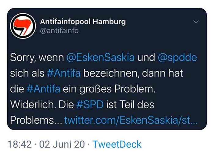 Bild des Tages: Wer will überhaupt noch die SPD? – Terroristen der Antifa distanzieren sich von Esken und SPD